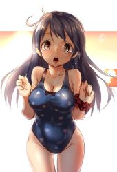 Rule 34 | 10s, 1girl, :o, ahoge, ayagi daifuku, black hair, breasts, collarbone, cowboy shot, female focus, gradient background, kantai collection, large breasts, long hair, looking at viewer, one-piece swimsuit, polka dot, polka dot swimsuit, solo, swimsuit, ushio (kancolle), wrist cuffs