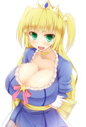 Rule 34 | 1girl, blonde hair, blush, bracelet, breasts, cleavage, collarbone, crown, facominn, fang, female focus, gloves, green eyes, highres, huge breasts, jewelry, long hair, open mouth, ribbon, smile, solo, sweat, twintails