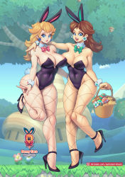 Rule 34 | 2girls, animal ears, areola slip, basket, blonde hair, blue eyes, bow, bowtie, breasts, brown hair, carrot, cleavage, cloud, detached collar, earrings, egg, fake animal ears, female focus, fishnet pantyhose, fishnets, flower, flower earrings, friends, full body, grass, grin, high heels, jewelry, large breasts, legs, leotard, long hair, looking at viewer, mario (series), multiple girls, nail polish, nintendo, outdoors, pantyhose, plant, playboy bunny, princess daisy, princess peach, rabbit, rabbit ears, rabbit tail, shoes, sky, smile, standing, super mario bros. 1, super mario land, supersatanson, tail, thighs, tomboy, tree, v, wrist cuffs