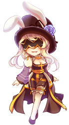 Rule 34 | 1girl, animal ears, arch bishop (ragnarok online), black footwear, black hat, blindfold, blonde hair, blue flower, blush, breasts, chibi, cleavage, cleavage cutout, clothing cutout, commentary request, cross, dress, fake animal ears, flower, frilled thighhighs, frills, full body, hat, hat flower, high heels, juliet sleeves, long hair, long sleeves, medium breasts, open mouth, puffy sleeves, rabbit ears, ragnarok online, sash, simple background, sion (blackhorse), smile, solo, thighhighs, top hat, two-tone dress, walking, white background, white dress, white thighhighs, yellow sash