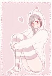 Rule 34 | 1girl, apfelschorle777, black hair, blush, closed mouth, final fantasy, final fantasy vii, full body, heart, hood, hoodie, hugging own legs, long hair, long sleeves, looking at viewer, moogle, red eyes, sitting, smile, solo, square enix, striped clothes, striped thighhighs, thighhighs, thighs, tifa lockhart, white hoodie