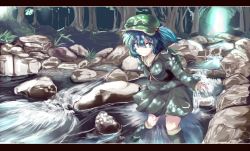 Rule 34 | 1girl, backpack, bag, blue eyes, blue footwear, blue hair, boots, dress, forest, grass, hair bobbles, hair ornament, hat, highres, kawashiro nitori, key, kirimomi811, letterboxed, long sleeves, matching hair/eyes, nature, partially submerged, plant, pocket, puffy long sleeves, puffy sleeves, reflection, river, rock, rubber boots, shirt, short hair, skirt, skirt set, smile, solo, standing, touhou, tree, twintails, two side up, wading, water
