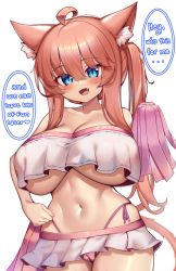 Rule 34 | 1girl, ahoge, animal ears, bandeau, bare shoulders, blue eyes, breasts, cat ears, cat girl, cat tail, cheerleader, cleavage, commentary, english commentary, english text, fang, hair between eyes, hand on own hip, highres, kaptivate, large breasts, looking at viewer, navel, open mouth, original, panties, pink panties, pom pom (cheerleading), red hair, side-tie panties, side ponytail, simple background, smile, solo, speech bubble, strapless, tail, underboob, underwear, white background