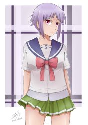Rule 34 | 10s, 1girl, 2014, abstract background, arms at sides, arms behind back, artifedex, bow, cowboy shot, dated, deviantart thumbnail, fnc (upotte!!), green skirt, head tilt, image sample, looking at viewer, miniskirt, purple hair, red bow, red eyes, school uniform, shirt, skirt, solo, standing, upotte!!, white shirt