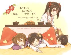 Rule 34 | 10s, 1boy, 2016, 3girls, ahoge, bad id, bad twitter id, black hair, bow, bowl, brother and sister, covering with blanket, food, fruit, hair bobbles, hair bow, hair ornament, kannuki hisui, kotatsu, long sleeves, love live!, love live! school idol project, mandarin orange, multiple girls, red eyes, siblings, side ponytail, sisters, sleeping, smile, table, translation request, twintails, under kotatsu, under table, yazawa cocoa, yazawa cocoro, yazawa cotaro, yazawa nico
