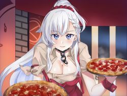 Rule 34 | 1girl, apron, azur lane, belfast (azur lane), belfast (piping-hot perfection) (azur lane), blue eyes, blush, breasts, brown shirt, chain, cleavage, collar, food, hair ornament, hair scrunchie, highres, holding, holding food, holding pizza, large breasts, long hair, maroonabyss, pepperoni, pizza, pizza hut, ponytail, red apron, red scrunchie, religious offering, scrunchie, shirt, silver hair, solo, very long hair