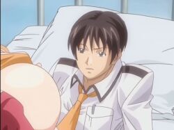 Rule 34 | 1boy, 1girl, animated, animated gif, bed, bed sheet, breasts, brown hair, cleavage (game), closed eyes, clothed sex, hetero, huge breasts, implied sex, large breasts, long hair, necktie, nipples, pillow, school uniform, sex, short hair, skirt, tagme, toudou erika, white skirt