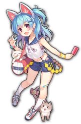 Rule 34 | 1girl, animal ears, artist request, bag, bandaid, bandaid on knee, bandaid on leg, bell, blue hair, bow, bracelet, cat ears, fang, food, game cg, hair ornament, holding, holding bag, holding food, igarashi haruna, jewelry, looking at viewer, mahjong soul, midriff, navel, official art, pink bow, popsicle, red eyes, shoes, shorts, simple background, skin fang, sneakers, solo, sweatband, third-party source, transparent background, yostar
