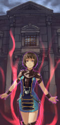 Rule 34 | 1girl, architecture, armor, aura, bare shoulders, black hair, blue dress, bob cut, breastplate, building, chain, cowboy shot, cuffs, dress, frown, glowing, highres, kagero deception, kagerou: kokumeikan shinshou, looking at viewer, millennia, millennia (kagero), outdoors, outstretched arms, purple eyes, shihou (g-o-s), short dress, side slit, sky, sleeveless, sleeveless dress, solo, spread arms, standing, tecmo, thighhighs, window, zettai ryouiki
