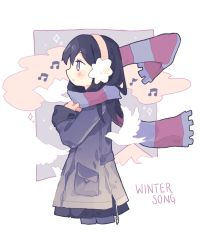 Rule 34 | 1girl, adjusting scarf, beamed eighth notes, bird, blush, coat, commentary, cropped legs, earmuffs, eighth note, english commentary, english text, floating scarf, from side, highres, long hair, long sleeves, melanbread, mountain, music, musical note, open mouth, original, parted lips, pleated skirt, pocket, profile, purple coat, purple eyes, purple hair, purple scarf, purple skirt, purple theme, scarf, singing, skirt, solo, sparkle, striped clothes, striped scarf, tareme, vertical-striped clothes, vertical-striped scarf