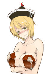 Rule 34 | 1girl, bad id, bad pixiv id, blonde hair, blush, breast hold, breasts, chocolate, chocolate on body, chocolate on breasts, cream, embarrassed, female focus, food on body, hat, highres, kurokuro, large breasts, lunasa prismriver, naked chocolate, nude, short hair, sketch, solo, touhou, upper body, wavy mouth, yellow eyes