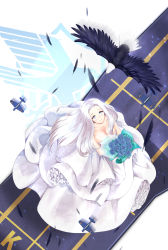Rule 34 | 1girl, absurdres, aircraft, aircraft carrier, airplane, azur lane, bald eagle, bare shoulders, bird, blue eyes, blue roses, blush, bouquet, breasts, cleavage, collarbone, dress, eagle, earrings, feathers, flower, frills, highres, jewelry, large breasts, long hair, looking up, military, military vehicle, ship, silver hair, single earring, smile, timlee, very long hair, warship, watercraft, wedding gown, yorktown (azur lane)