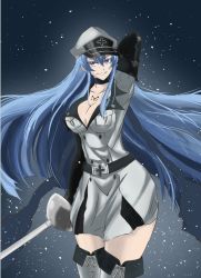 Rule 34 | 10s, 1girl, akame ga kill!, akgotch, blue eyes, blue hair, boots, breasts, choker, cleavage, collarbone, esdeath, hat, highres, large breasts, long hair, looking at viewer, matching hair/eyes, military, military uniform, peaked cap, rapier, smile, solo, sword, thigh boots, thighhighs, uniform, very long hair, weapon