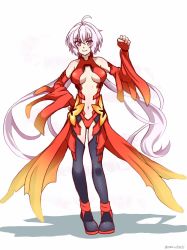 Rule 34 | 1girl, arm up, bare shoulders, breasts, cleavage, clenched hand, cosplay, detached sleeves, emmxd325, grey hair, greyscale, guilty crown, hand on own hip, highres, large breasts, long hair, monochrome, navel, purple eyes, senki zesshou symphogear, smile, solo, thighhighs, thighs, twitter username, very long hair, white background, yukine chris, yuzuriha inori, yuzuriha inori (cosplay)