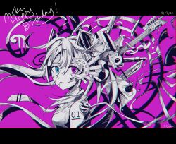 Rule 34 | 1girl, blue eyes, body writing, cake, cake slice, cracked skin, dated, electric guitar, english text, food, fruit, guitar, hatsune miku, highres, instrument, itooku, long hair, looking at viewer, multicolored eyes, necktie, partially colored, pink background, pink eyes, strawberry, vocaloid, vocaloid boxart pose, watermark