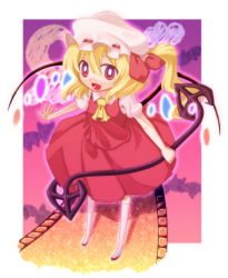 Rule 34 | 1girl, :d, blonde hair, blush, crystal, dress, female focus, flandre scarlet, full body, hat, looking at viewer, mob cap, open mouth, red dress, red eyes, side ponytail, smile, solo, standing, stick, tareme, touhou