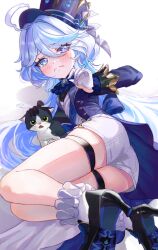 Rule 34 | 1girl, 1other, absurdres, ahoge, ass, blue eyes, blue hair, blush, cat, coat, furina (genshin impact), genshin impact, gloves, hat, high heels, highres, long hair, looking at viewer, lunel, lying, on side, scared, short shorts, shorts, tears, thigh strap, very long hair