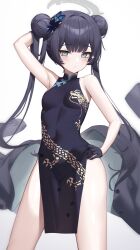 Rule 34 | 1girl, absurdres, armpits, black dress, black gloves, black hair, blue archive, breasts, butterfly hair ornament, china dress, chinese clothes, double bun, dragon print, dress, gloves, grey eyes, hair bun, hair ornament, halo, highres, kisaki (blue archive), long hair, looking at viewer, pelvic curtain, presenting armpit, print dress, samart, sleeveless, sleeveless dress, small breasts, solo, twintails