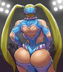 Rule 34 | 2019, ass, ass cutout, audience, backboob, blonde hair, breasts, capcom, clothing cutout, highres, krekkov, leotard, muscular, muscular female, outdoors, rainbow mika, solo, steam, street fighter, street fighter alpha, street fighter v, sweat, twintails, wide hips