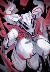 1girl 3gs animal_skull black_background black_sclera breasts cape colored_sclera colored_skin demon_girl demon_horns extra_eyes female_focus horns huge_breasts looking_at_viewer original red_cape red_eyes skull_head solo white_horns white_skin