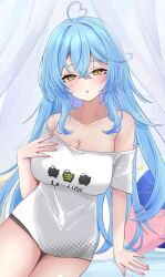 Rule 34 | 1girl, ahoge, bare shoulders, black shorts, blue hair, blush, breasts, cleavage, commentary, commission, cosplay, cowboy shot, crossed bangs, curtains, hair between eyes, hand on own chest, heart, heart ahoge, highres, hololive, large breasts, light blue hair, long hair, looking at viewer, multicolored hair, nerorigogo, off-shoulder shirt, off shoulder, parted lips, pink hair, shirt, shishiro botan, shishiro botan (casual), shishiro botan (cosplay), short shorts, shorts, sidelocks, sitting, skeb commission, solo, virtual youtuber, white shirt, yellow eyes, yukihana lamy