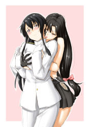 Rule 34 | 10s, 2girls, black hair, blush, grabbing another&#039;s breast, breasts, female admiral (kancolle), grabbing, highres, hug, hug from behind, kantai collection, large breasts, licking, long hair, miniskirt, multiple girls, niwatazumi, open clothes, personification, pink background, pleated skirt, shouhou (kancolle), skirt, tatebayashi sakurako, tongue, tongue out, white background, yellow eyes, yuri