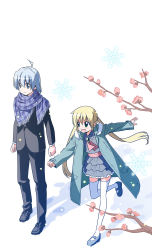 Rule 34 | 1boy, 1girl, ahoge, ayasaki hayate, blonde hair, blue hair, blush, coat, commentary request, flower, formal, green eyes, hata kenjirou, hayate no gotoku!, highres, long hair, looking at another, looking at viewer, official art, open mouth, sanzen&#039;in nagi, scarf, smile, snowflakes, snowing, standing, suit, thighhighs, tree, white background, zettai ryouiki