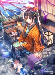 Rule 34 | 1girl, barefoot, black hair, blurry, blurry foreground, bow, bracelet, cat, closed mouth, collarbone, day, flower, hair between eyes, hair bow, hair flower, hair ornament, haori, japanese clothes, jewelry, kimono, lens flare, long hair, long sleeves, onsen, orange bow, orange ribbon, outdoors, ponytail, purple eyes, purple ribbon, red flower, ribbon, sid story, sila (carpen), sitting, smile, soaking feet, solo, sparkle, striped, striped bow, very long hair, water, white flower, winter