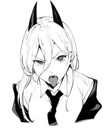 Rule 34 | + +, 1girl, chainsaw man, collared shirt, cross-shaped pupils, demon horns, greyscale, hair between eyes, highres, horns, jacket, long hair, looking at viewer, miyabe kiwi, monochrome, necktie, open mouth, power (chainsaw man), sharp teeth, shirt, simple background, solo, symbol-shaped pupils, teeth, tongue, tongue out