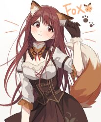 Rule 34 | 1girl, absurdres, animal ears, black gloves, blush, breasts, brown dress, brown eyes, brown hair, closed mouth, detached collar, dot nose, dress, fake animal ears, fake tail, footprints, fox, fox tail, fur-trimmed gloves, fur trim, gloves, hairband, hano9789, highres, idolmaster, idolmaster million live!, idolmaster million live! theater days, long hair, medium breasts, neck ribbon, ribbon, short sleeves, simple background, solo, tail, tanaka kotoha, text background, white background