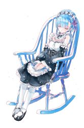 Rule 34 | 10s, 1girl, ahma, apron, arm garter, bad id, bad pixiv id, black footwear, blue hair, bob cut, breasts, chair, closed eyes, detached sleeves, dress, eyebrows, eyelashes, frilled apron, frills, full body, hair ornament, hairband, highres, leaning to the side, lens flare, light particles, looking at viewer, maid, mary janes, pantyhose, re:zero kara hajimeru isekai seikatsu, rem (re:zero), ribbon, ribbon-trimmed clothes, ribbon trim, rocking chair, shoes, short hair, simple background, sitting, sleeping, small breasts, solo, sparkle, underboob, underbust, waist apron, white apron, white background, white pantyhose, x hair ornament