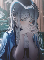 Rule 34 | 1girl, blue archive, blush, closed mouth, grey eyes, grey hair, hair ornament, halo, haori, highres, japanese clothes, kangshi, long hair, looking at viewer, nagusa (blue archive), school uniform, serafuku, solo, upper body, wide sleeves