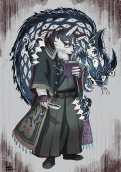 Rule 34 | 1boy, absurdres, animal ears, black fur, black sclera, blue eyes, book, cat, chest tuft, collared coat, colored sclera, commentary request, dog boy, dog ears, eyewear strap, full body, furry, furry male, glasses, grey background, hakama, highres, holding, holding book, holding sword, holding weapon, itohiro, japanese clothes, long coat, low ponytail, male focus, masanori (housamo), round eyewear, shoes, short sword, snout, solo, standing, sword, tantou, tassel, tokyo houkago summoners, two-tone fur, weapon, white fur