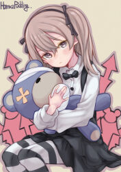 Rule 34 | 1girl, bandages, black dress, black ribbon, bound, dress, girls und panzer, holding, holding stuffed toy, layered skirt, light brown hair, puddinghomhom, ribbon, shimada arisu, shirt, skirt, stuffed animal, stuffed toy, teddy bear, tied up (nonsexual), white shirt
