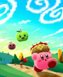 Rule 34 | :d, :o, apple, arms up, aruco co, basket, blue eyes, blue sky, blush, blush stickers, cloud, commentary, day, evil smile, food, fruit, gradient sky, grass, highres, hill, holding, holding basket, kirby, kirby (series), mister anglep, nintendo, no humans, open mouth, outdoors, path, road, running, sharp teeth, sky, smile, symbol-shaped pupils, teeth, tree, yellow sky