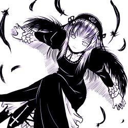 Rule 34 | 00s, dress, enokids, feathers, frills, hairband, long hair, lowres, rozen maiden, solo, suigintou, wings