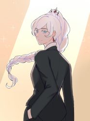 Rule 34 | 1girl, alternate costume, blue eyes, braid, cowboy shot, earrings, ella zhao, expressionless, formal, hand in pocket, highres, jewelry, long hair, looking at viewer, looking back, rwby, scar, scar across eye, scar on face, single braid, solo, suit, weiss schnee, white hair