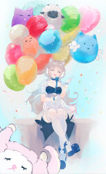 Rule 34 | 1girl, :d, absurdres, animal ears, balloon, blue bow, blue choker, blush, bow, bow choker, breasts, brown hair, choker, cleavage, closed mouth, collarbone, confetti, covered navel, fishofthelakes, flower, gloves, hair flower, hair ornament, highres, holding, holding balloon, lamb, long hair, medium breasts, open mouth, original, puffy short sleeves, puffy sleeves, see-through, see-through sleeves, sheep, short sleeves, sitting, smile, solo, thighhighs, white gloves, white thighhighs