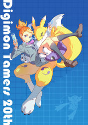 Rule 34 | 1girl, animal ears, animal hands, animal nose, anniversary, black sclera, black socks, blue background, blue eyes, body fur, brown footwear, carrying, claws, closed mouth, collared shirt, colored sclera, commentary request, copyright name, cup, digignome, digimon, digimon (creature), digimon tamers, drinking glass, elbow gloves, facial mark, fingerless gloves, floating neckwear, formal, fox ears, fox tail, full body, furry, furry female, gloves, grey jacket, grey skirt, hands up, holding, holding cup, jacket, kariki hajime, kneehighs, loafers, long sleeves, looking at viewer, makino ruki, neck fur, necktie, open clothes, open jacket, orange hair, patterned background, pleated skirt, ponytail, princess carry, print gloves, purple eyes, purple gloves, purple neckwear, renamon, shirt, shoes, short hair, skirt, smile, snout, socks, spilling, tail, tail raised, two-tone fur, white fur, white shirt, yellow fur, yin yang, yin yang print