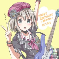 Rule 34 | 1girl, :o, aoba moca, arm up, bang dream!, beret, blue eyes, bracelet, character name, dated, electric guitar, grey hair, group name, guitar, happy birthday, hat, instrument, jewelry, neck ribbon, plaid headwear, pleated skirt, purple hat, purple ribbon, riai (onsen), ribbon, short hair, short sleeves, simple background, skirt, solo, striped, striped ribbon, studded bracelet, v, yellow background