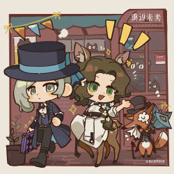 Rule 34 | 2girls, :d, animal ears, ascot, black coat, black footwear, black headwear, black pants, blue bow, boater hat, boots, border, bow, braid, brown hair, cane, centauroid, chibi, coat, copyright name, copyright notice, deer ears, deer girl, deer tail, dot mouth, ear tag, fox, full body, grey eyes, grey hair, grey vest, hair bun, hair over shoulder, halftone, hand up, handkerchief, hat, hat bow, highres, holding, holding cane, holding handkerchief, holding suitcase, jessica (reverse:1999), logo, long hair, looking at another, looking back, multiple girls, official art, open mouth, outside border, pants, plant, potted plant, purple coat, purple headwear, purple vest, reverse:1999, shirt, shop, short hair, shout lines, single braid, single side bun, sleeves past fingers, sleeves past wrists, smile, sparkle, string of flags, suitcase, tail, taur, teardrop, top hat, vertin (reverse:1999), vest, walking, waving, white ascot, white shirt, wiping face, yellow border