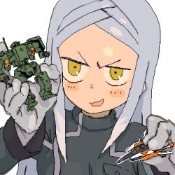 Rule 34 | 00s, 1girl, :d, gloves, grey gloves, gundam, gundam 00, looking at viewer, lowres, machinery, mecha, model, oekaki, open mouth, robot, simple background, smile, solo, soma peries, toy, uniform, upper body, white background