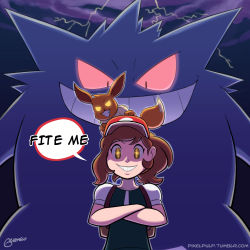 Rule 34 | 1girl, bag, baseball cap, brown eyes, brown hair, colored sclera, creatures (company), crossed arms, eevee, elaine (pokemon), english text, game freak, gen 1 pokemon, gengar, glowing, hat, highres, letitmelo, lightning, looking at viewer, nintendo, pokemon, pokemon (creature), pokemon lgpe, ponytail, red sclera, size difference, sky, smile, solo focus, sparkling eyes, speech bubble, teeth, text focus, watermark, web address, you gonna get raped