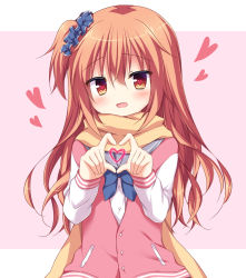 Rule 34 | 1girl, blue ribbon, blue scrunchie, blush, buttons, commentary request, eyebrows, hair between eyes, hair ornament, hair scrunchie, heart, heart-shaped pupils, heart hands, highres, inaba meguru, jacket, korokoro cat, long hair, looking at viewer, open mouth, orange eyes, orange hair, pink jacket, ribbon, sanoba witch, scarf, school uniform, scrunchie, serafuku, solo, symbol-shaped pupils, yellow scarf, yuzu-soft