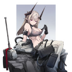 Rule 34 | 1girl, arknights, bare shoulders, black collar, black gloves, black shirt, blue background, breasts, cleavage, coat, collar, crop top, demon horns, dmt (auburn), elite ii (arknights), gloves, grey hair, hair ornament, highres, horns, infection monitor (arknights), large breasts, long hair, material growth, midriff, mudrock (arknights), mudrock (elite ii) (arknights), navel, oripathy lesion (arknights), pants, pink eyes, pointy ears, rock, shirt, shirt tug, sitting, solo, two-tone background, unworn coat, war hammer, weapon, white background, white coat, white pants