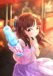 Rule 34 | 10s, 1girl, bare shoulders, blush, bottle, bow, brown eyes, brown hair, comah, commentary request, dress, hair bow, half updo, holding, holding bottle, idolmaster, idolmaster cinderella girls, long hair, looking at viewer, offering drink, open mouth, ramune, solo, tachibana arisu