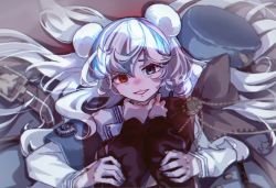 Rule 34 | 2girls, animal ears, arknights, bear ears, bear girl, black jacket, blue eyes, blue hair, blue headwear, blue nails, clenched teeth, commentary, female pov, hands on another&#039;s neck, hat, unworn hat, unworn headwear, heterochromia, highres, jacket, lolitamomoya, long hair, long sleeves, looking at viewer, lying, multicolored hair, multiple girls, nail polish, on back, parted lips, pink hair, pov, red eyes, red nails, rosa (arknights), solo focus, strangling, streaked hair, teeth, two-tone nails, ursus empire logo, white hair, white jacket, zima (arknights)