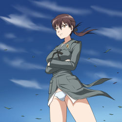 Rule 34 | 1girl, blush, breasts, brown eyes, brown hair, closed mouth, cloud, crossed arms, feet out of frame, from below, gertrud barkhorn, hair ornament, hair ribbon, hiro yoshinaka, large breasts, military, military uniform, outdoors, panties, ribbon, sky, solo, standing, strike witches, twintails, underwear, uniform, white panties, wind, world witches series