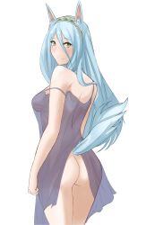 Rule 34 | 1girl, animal ears, archived source, ass, azura (fire emblem), back, bare shoulders, blue hair, blush, bottomless, breasts, closed mouth, curvy, dress, fire emblem, fire emblem fates, fire emblem heroes, hair between eyes, headband, highres, light blue hair, lingerie, long hair, looking at viewer, looking back, medium breasts, nightgown, nintendo, see-through, smile, solo, tail, thighs, transparent background, tridisart, underwear, very long hair, wide hips, yellow eyes