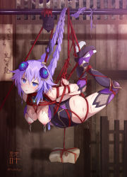 Rule 34 | 1girl, absurdres, arms behind back, ass, bdsm, black footwear, black leotard, blood, blue eyes, blush, bondage, bound, bound arms, braid, breasts, breasts out, choujigen game neptune, crying, crying with eyes open, dildo, empty eyes, flower, foley anden, full body, geta, hair flower, hair ornament, hanging breasts, highres, hook, injury, knee pads, large breasts, leotard, long hair, looking at viewer, neptune (series), nipple clamps, nipples, object insertion, parted lips, power symbol, power symbol-shaped pupils, purple flower, purple heart (neptunia), red ribbon, ribbon, sex toy, shibari, shibari over clothes, signature, solo, stone, suspension, symbol-shaped pupils, tabi, tears, torn clothes, torn leotard, twin braids, vaginal, vaginal object insertion, very long hair, wooden wall
